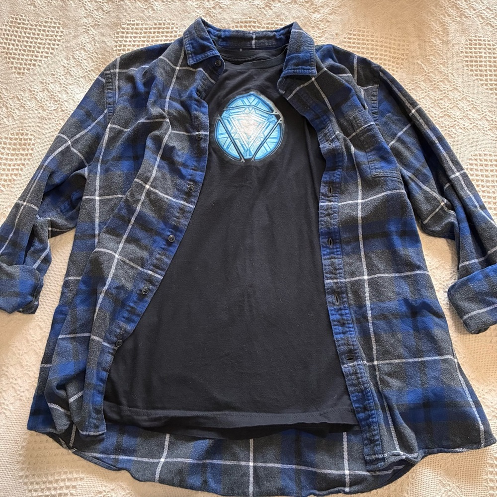 Marvel Iron Man Graphic Tee Plaid Flannel Shirt Combo Set Grunge Gray Blue Sz XL